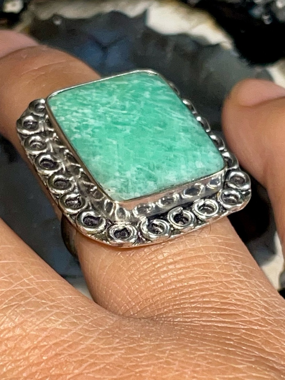 Soft Milky Green Amazonite Crystal Ring Size 6